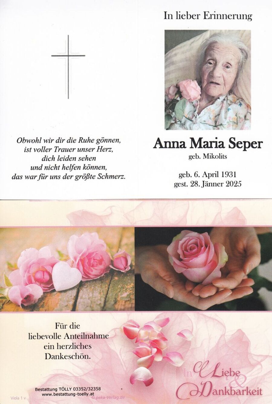 Gedenkkarte Anna Maria Seper