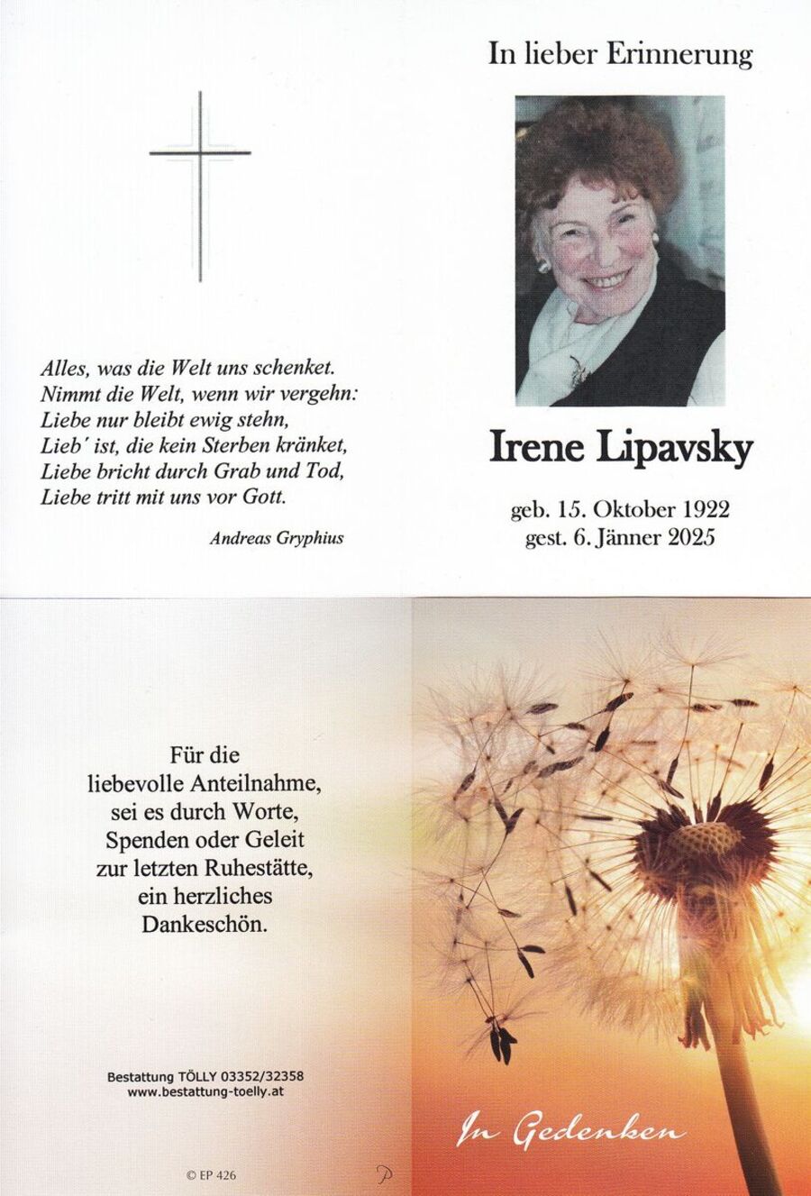 Gedenkkarte Irene Lipavsky