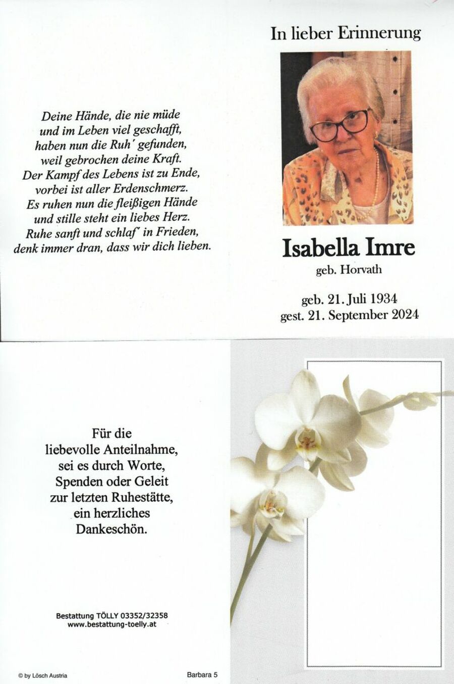 Gedenkkarte Isabella Imre