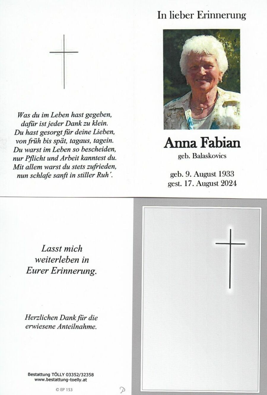 Gedenkkarte Anna Fabian