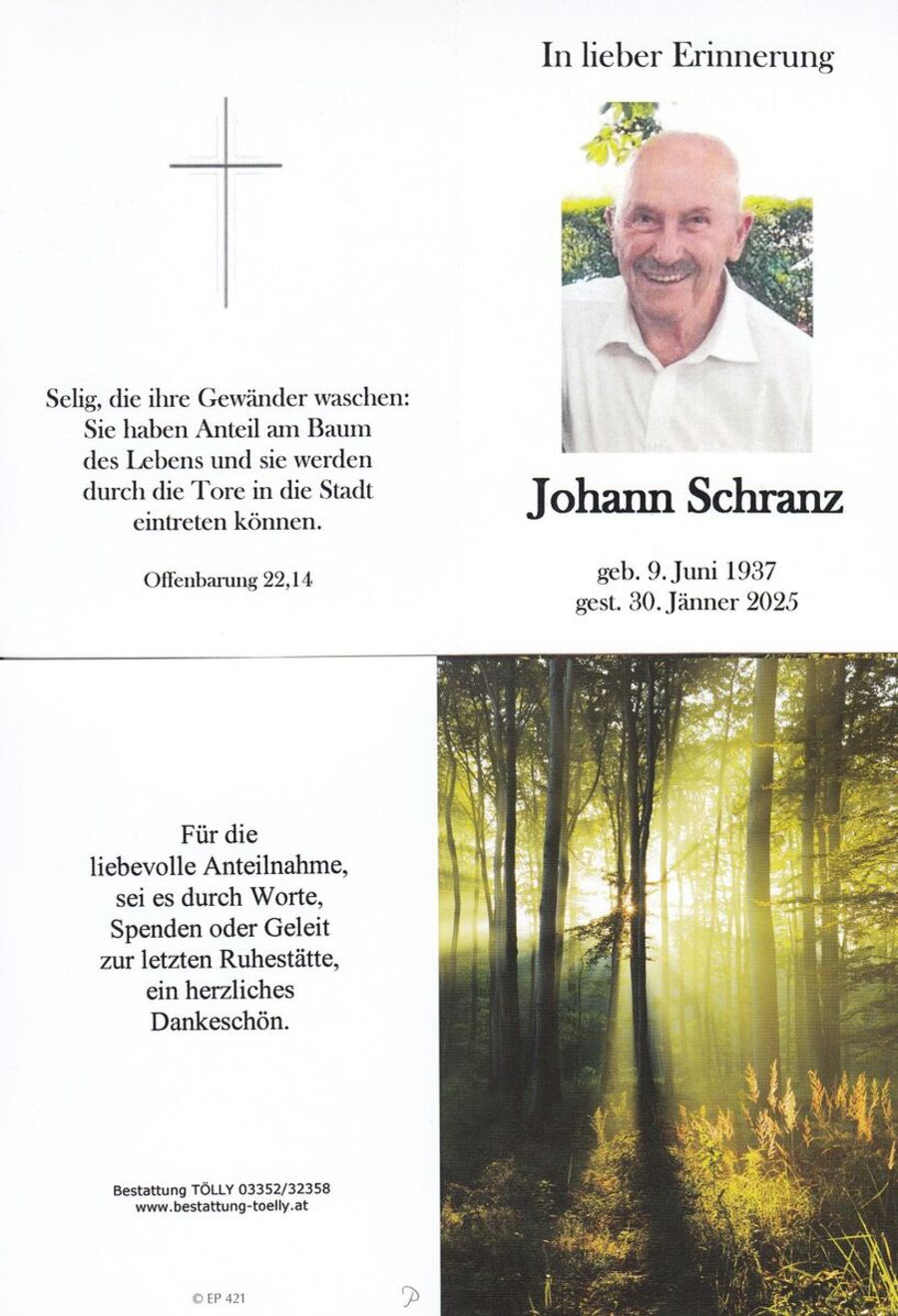 Gedenkkarte Johann Schranz