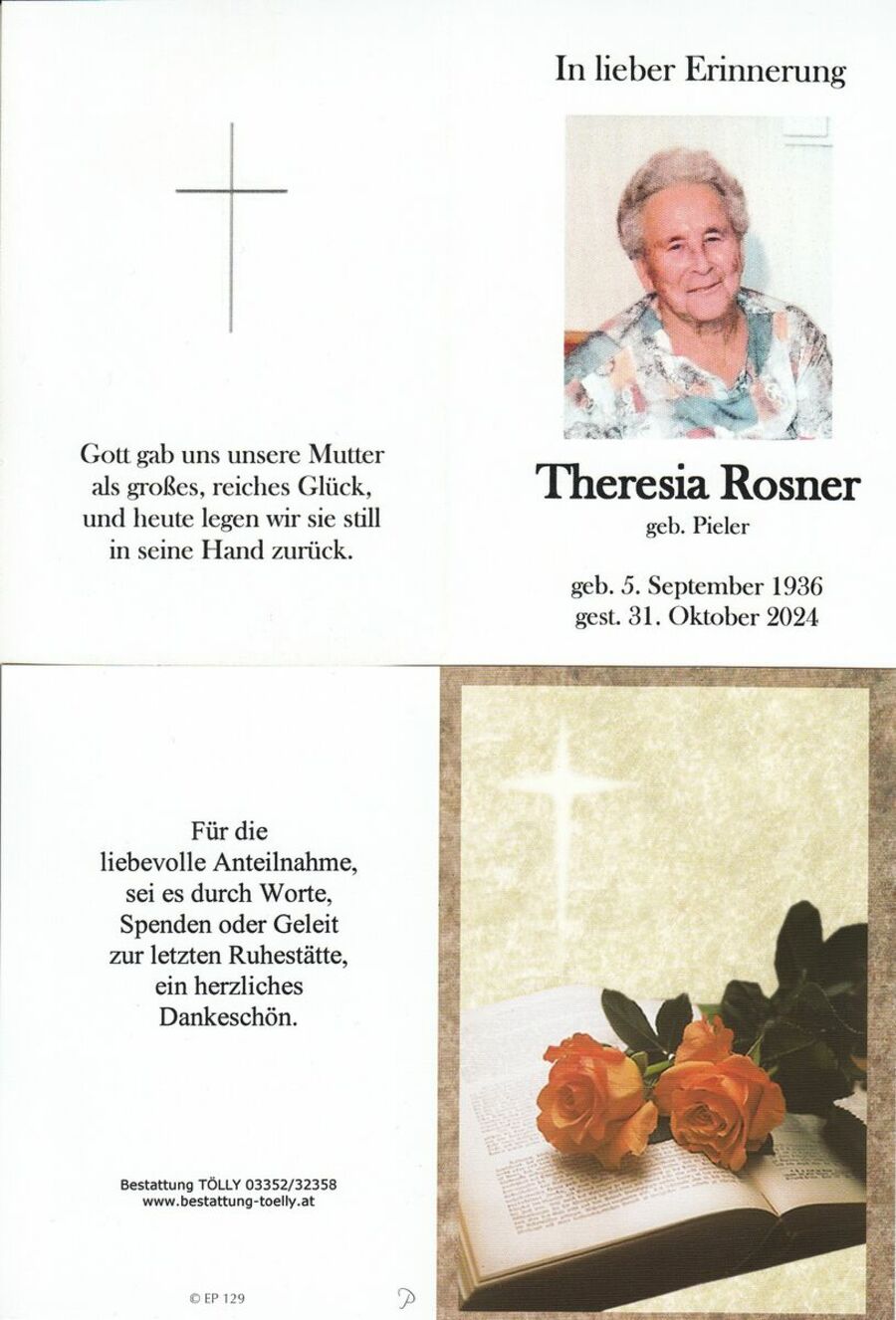 Gedenkkarte Theresia Rosner