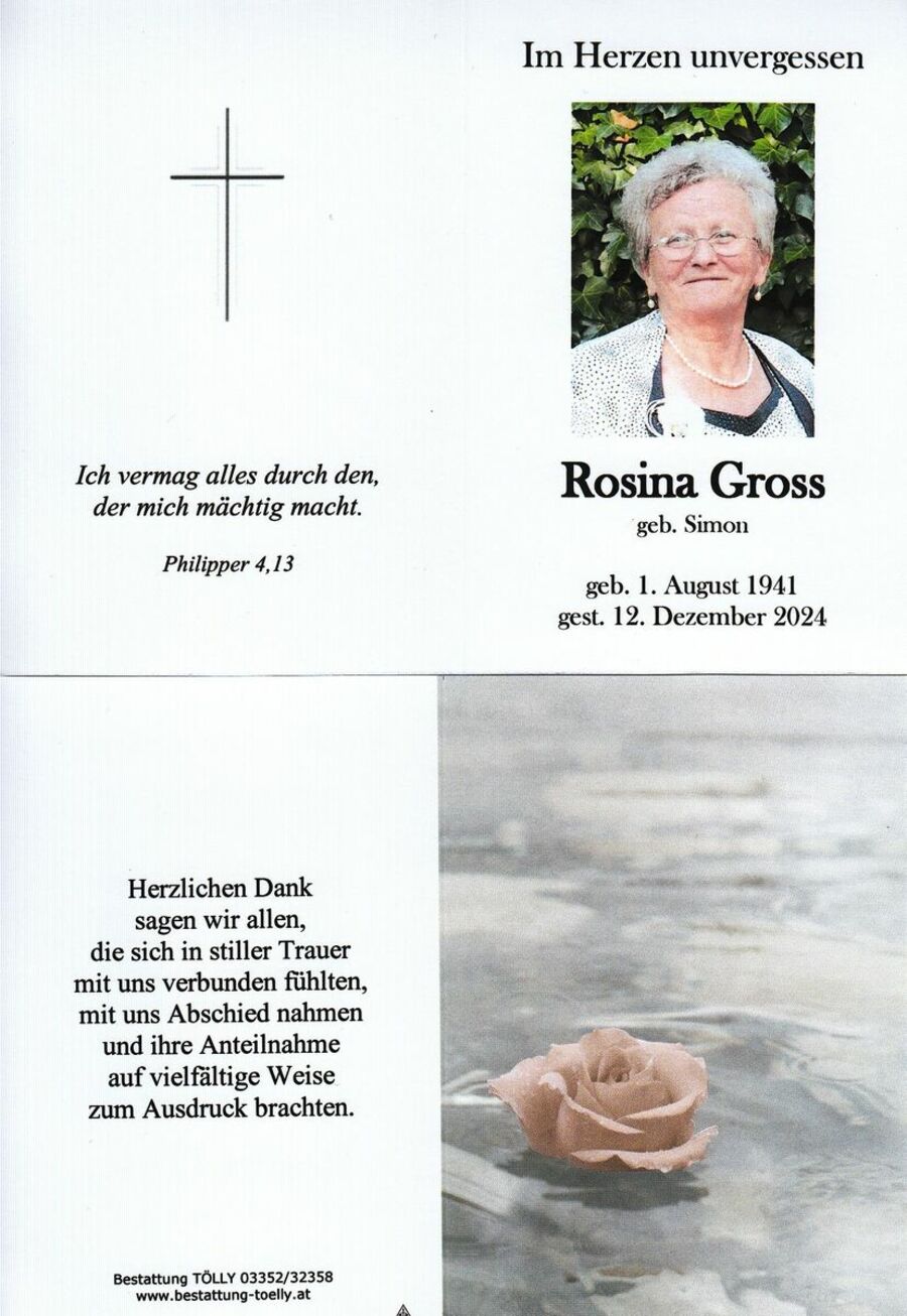 Gedenkkarte Rosina Gross