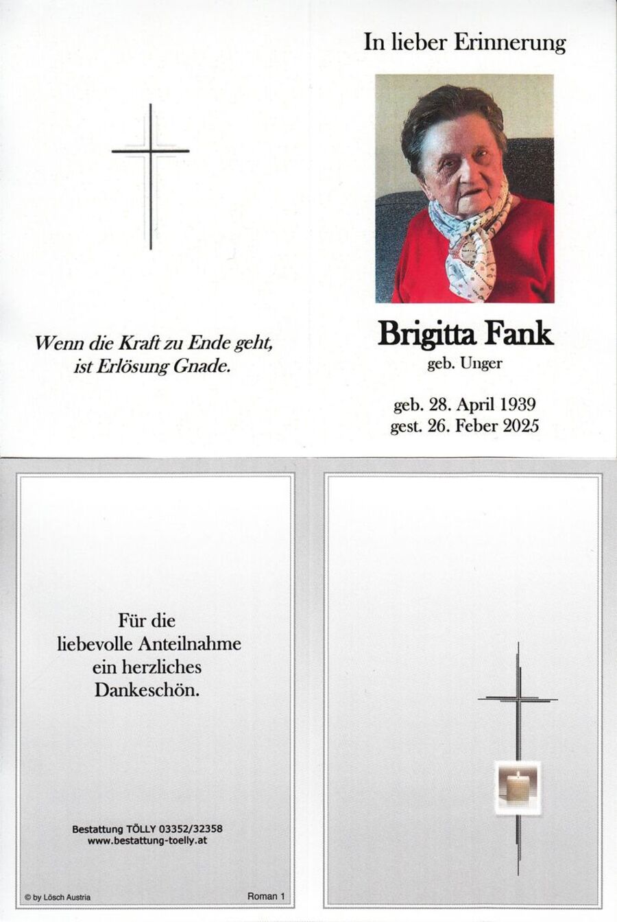 Gedenkkarte Brigitta Fank